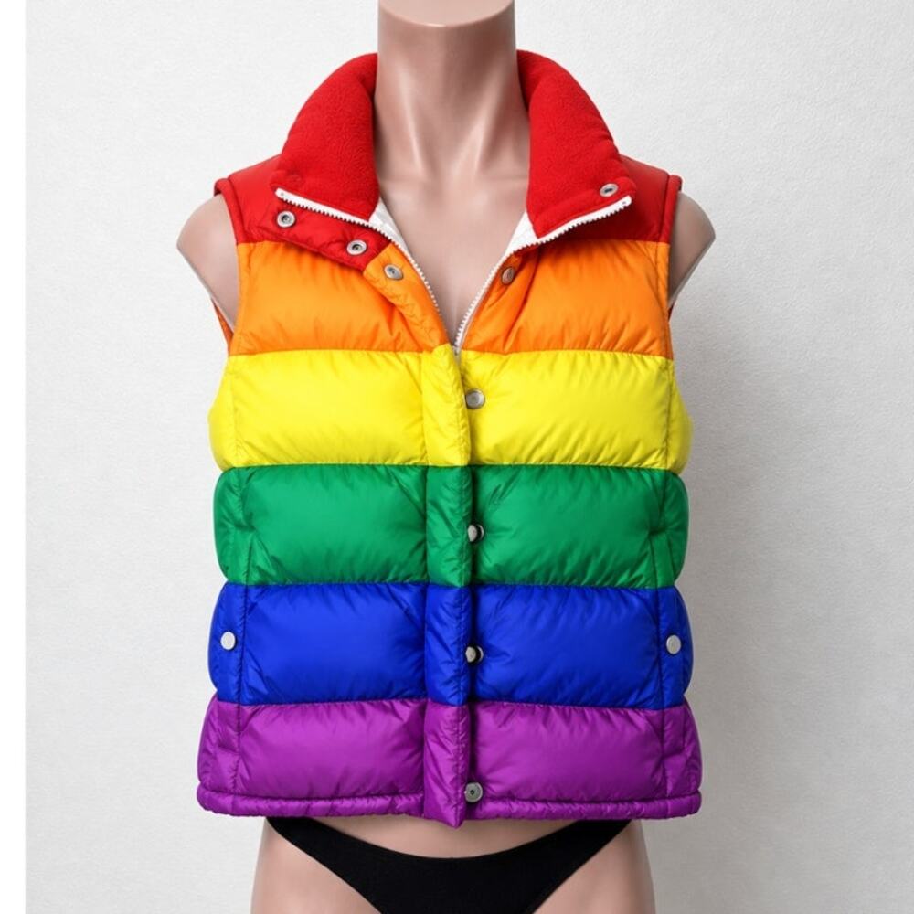 RARE Burberry Rainbow Stripe Down Filled Quilted Puffer Vest Concealed Zip S